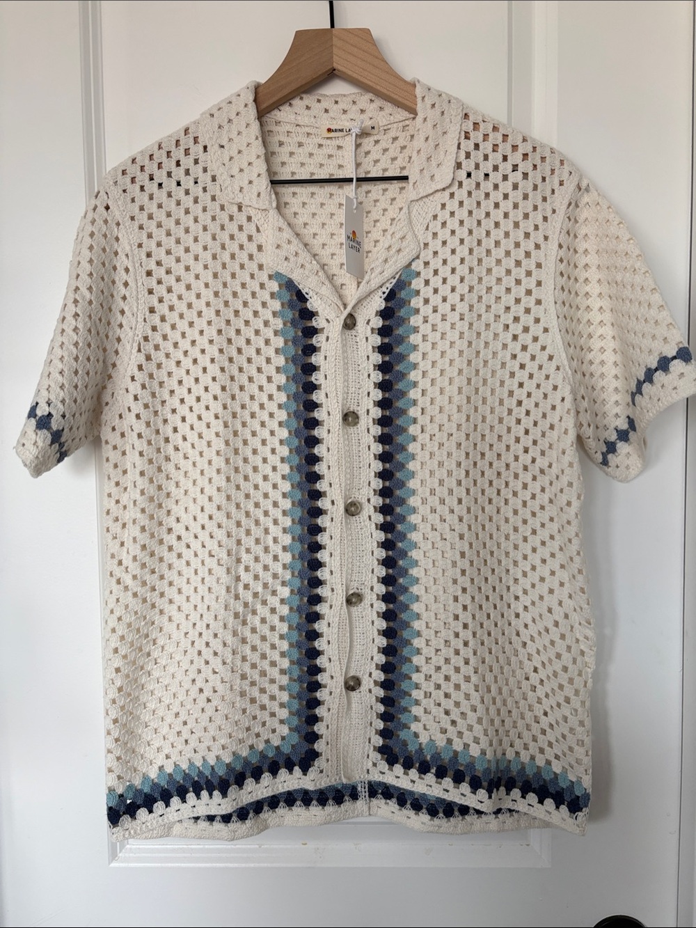 Marine Layer Men’s Cream Crochet Button-Up Cardigan with Blue Stripe Detail